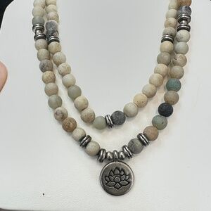 Amazonite Stretch Beaded (108) Mala Prayer Beads w/Silver Tone Lotus Charm